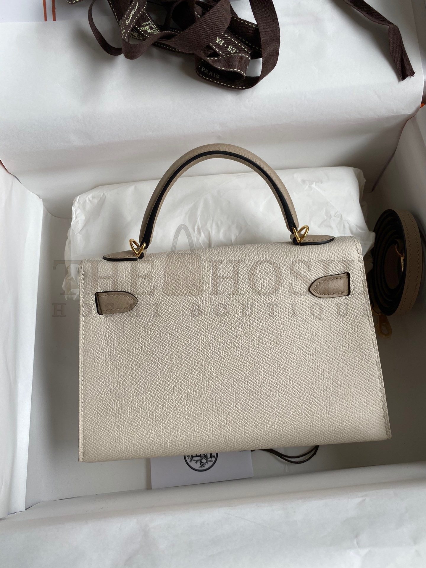 H**me5 Kelly Mini II Sellier Bicolor Handmade Bag in Craie and Trench Epsom Calfskin Master Quality