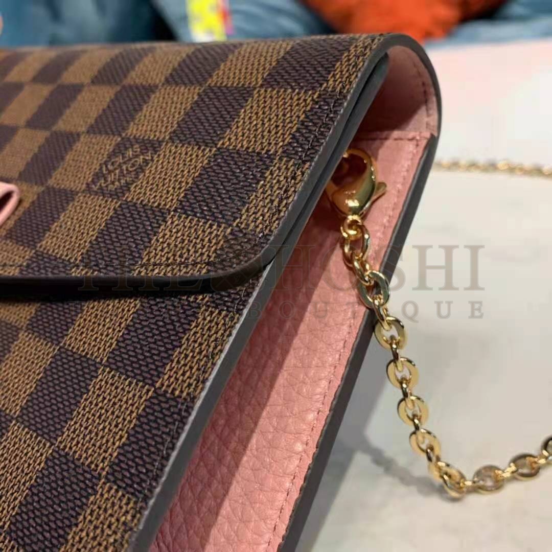 L0vis Vvtt0n LV Women Croisette Chain Wallet Magnolia Pink Damier Ebene Coated Canvas Master Quality