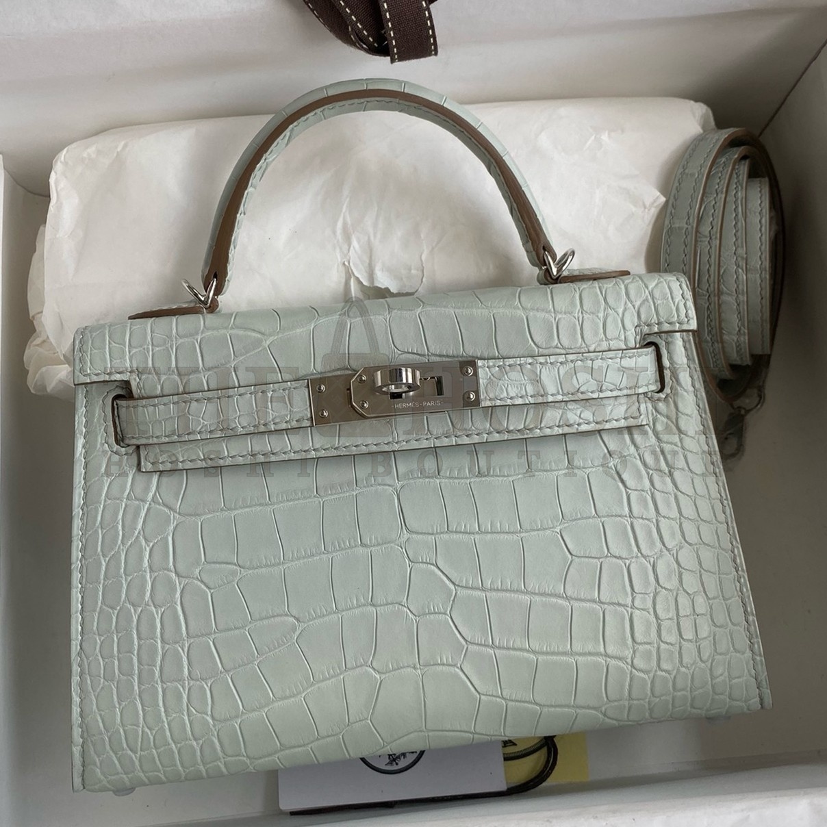 H**me5 Kelly Mini II Sellier Handmade Bag In Gris Neve Matte Alligator Leather Master Quality