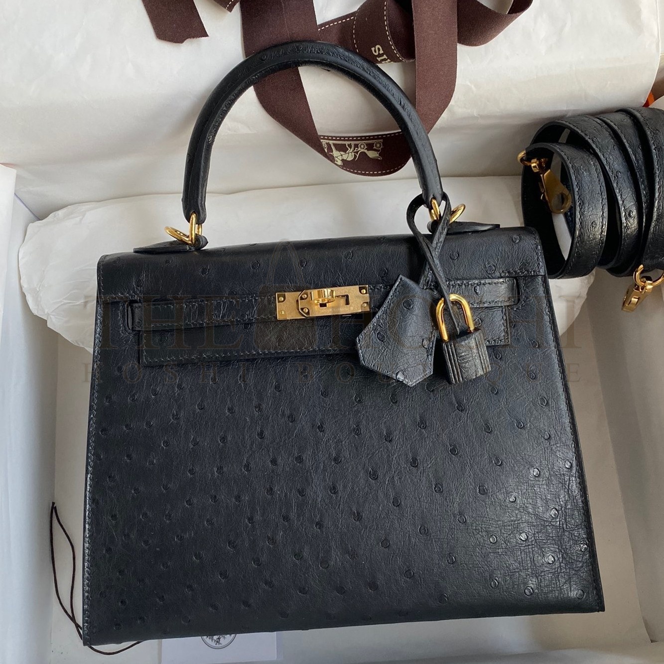 H**me5 Kelly Sellier 25 Handmade Bag In Black Ostrich Leather Master Quality