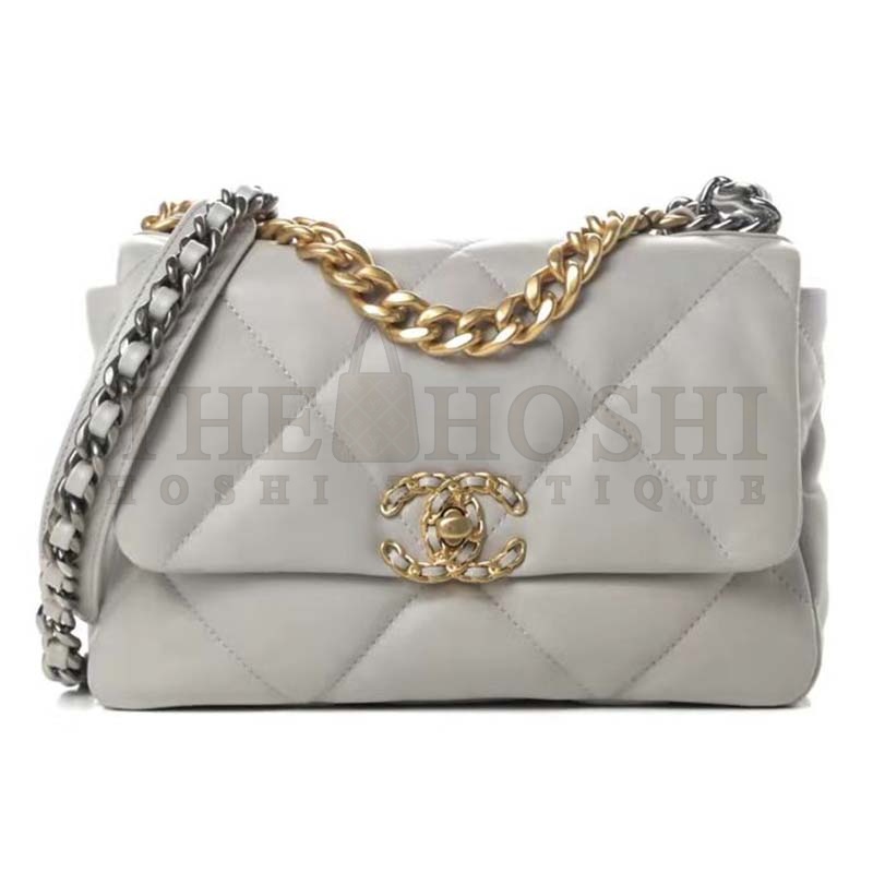Ch**el Women 19 Flap Bag Lambskin Iridescent Gold Silver-Tone Metal Grey Master Quality