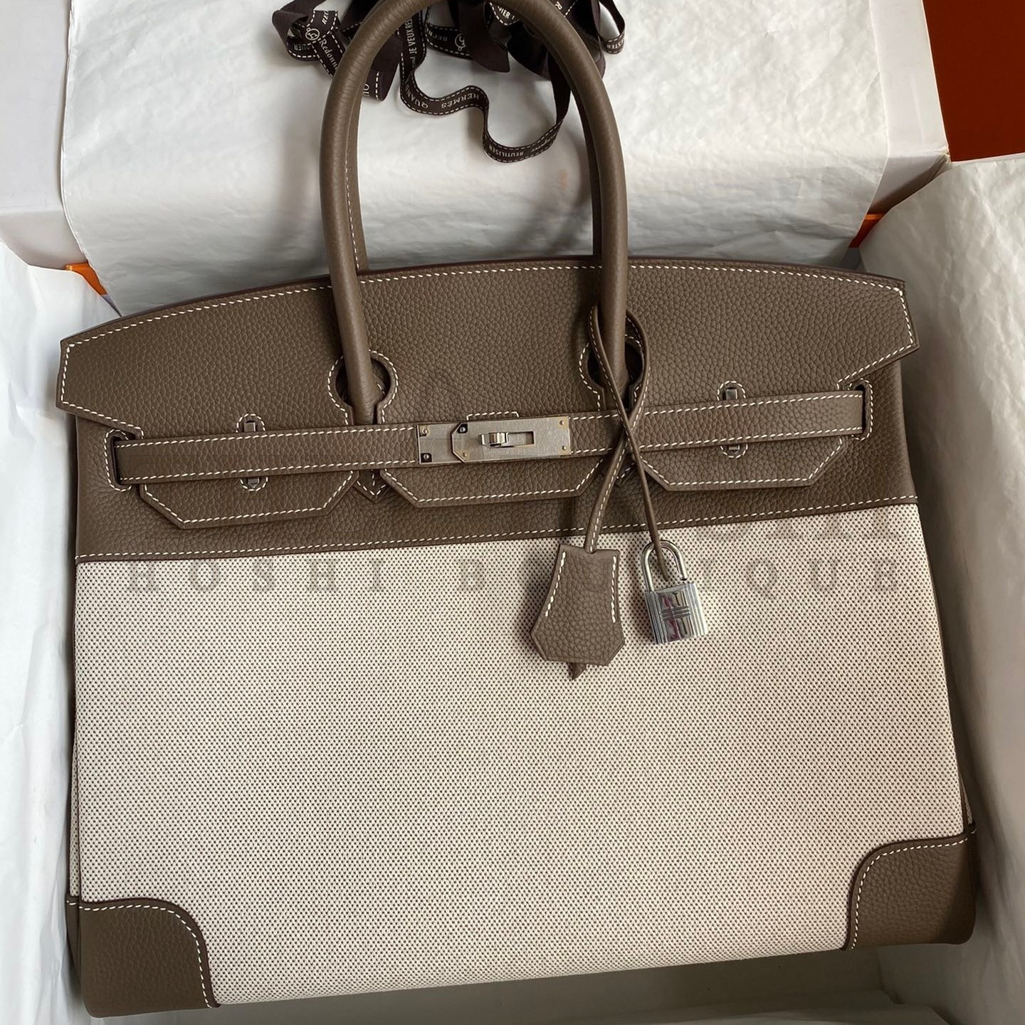 H**me5 Birkin 35 Handmade Bag In Toile &amp; Taupe Clemence Leather Master Quality