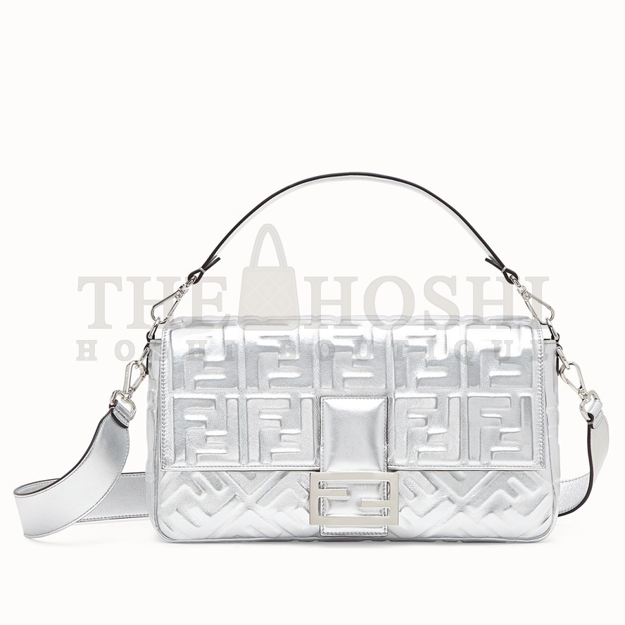 F**di Large Baguette Bag In Silver FF Metallic Leather Master Quality