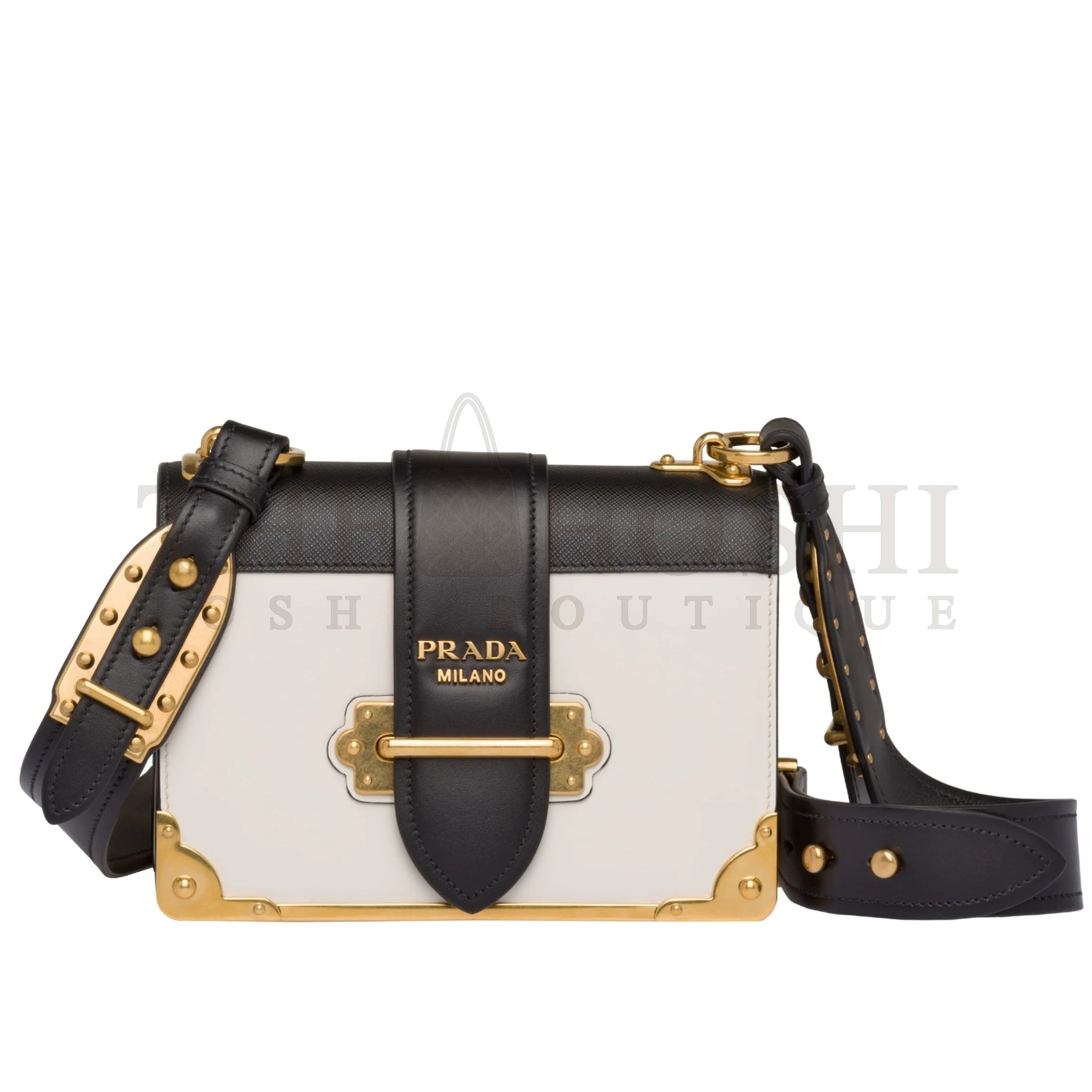 Pra*a Cahier Shoulder Bag In White/Black Leather Master Quality