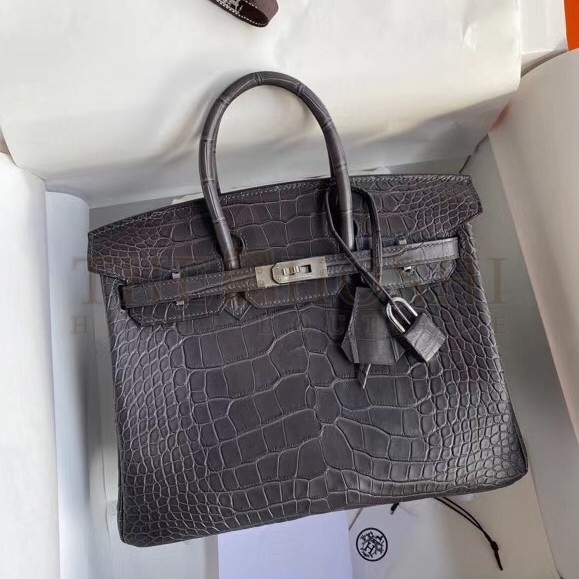 H**me5 Dark Grey Birkin 25cm Matte Alligator Crocodile Skin Bag Master Quality