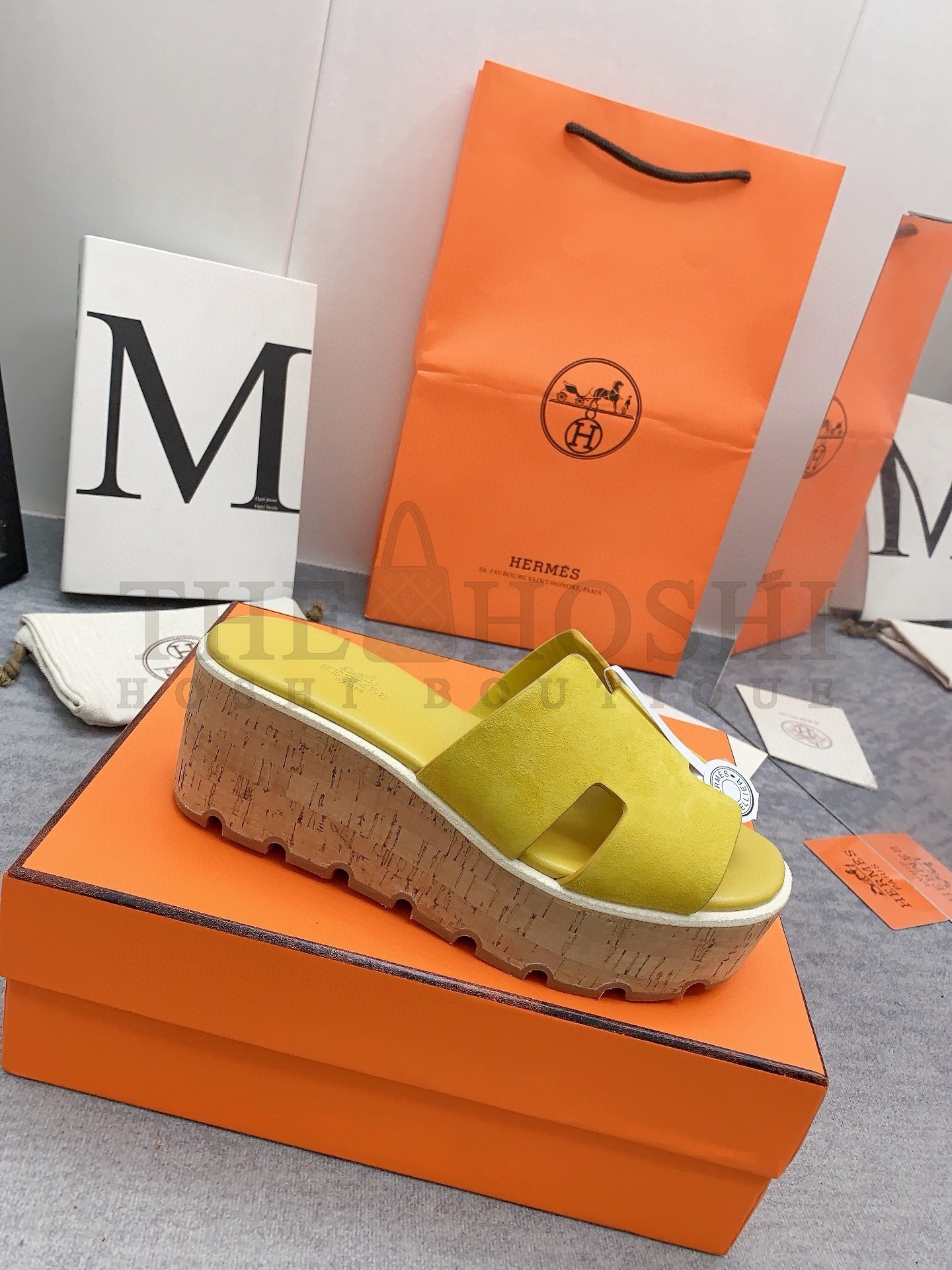 H**me5 Eze 30 Cork Platform Sandals in Yellow Suede Leather Master Quality