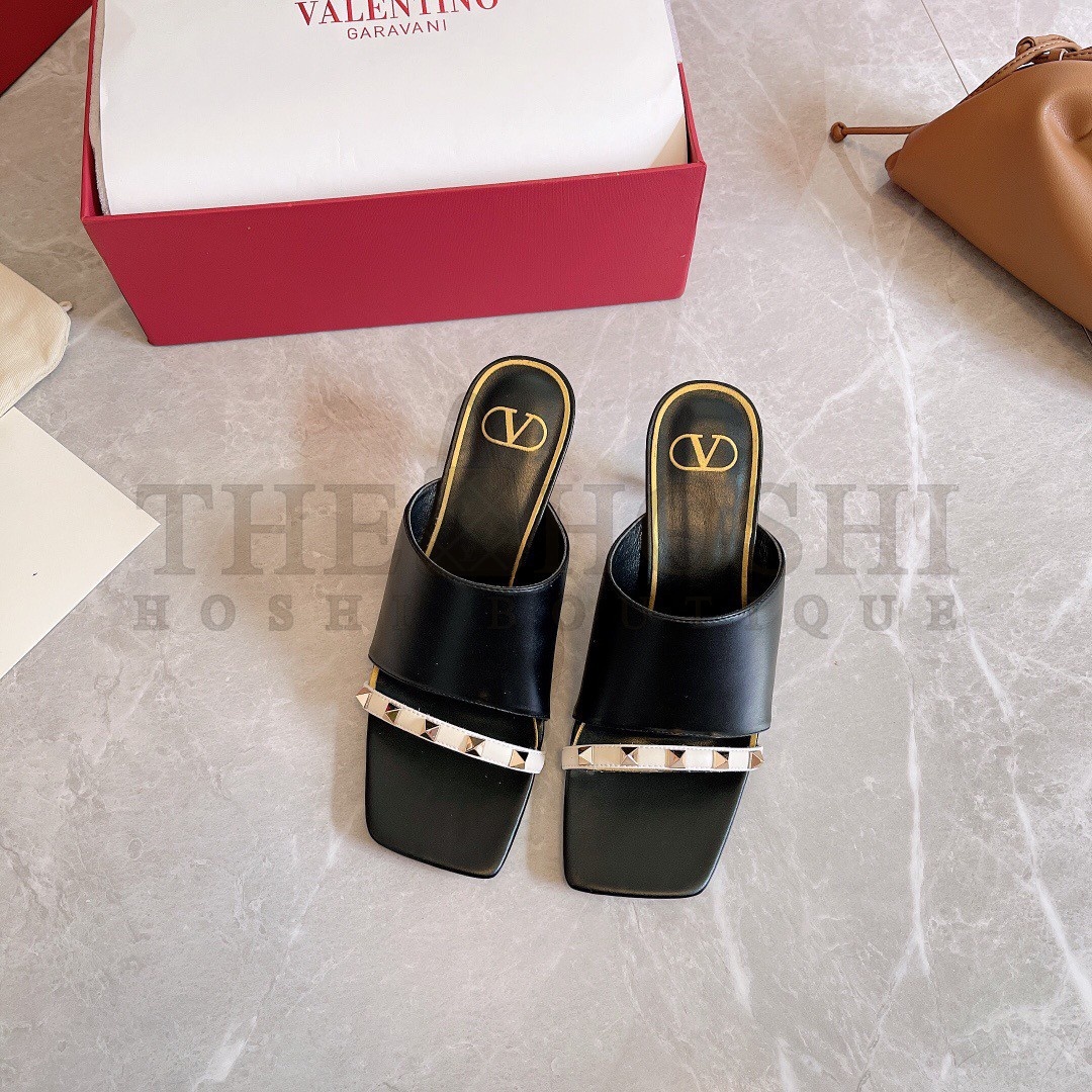 Va1e*ntin0 Black Rockstud Slide Sandals With Sculpted Heel Master Quality