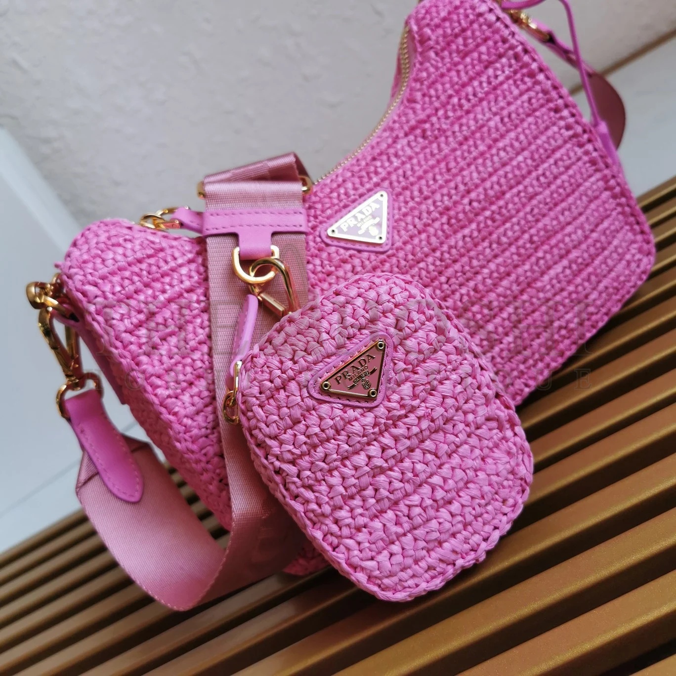 Pra*a Re-Edition 2005 Shoulder Bag In Pink Raffia Master Quality