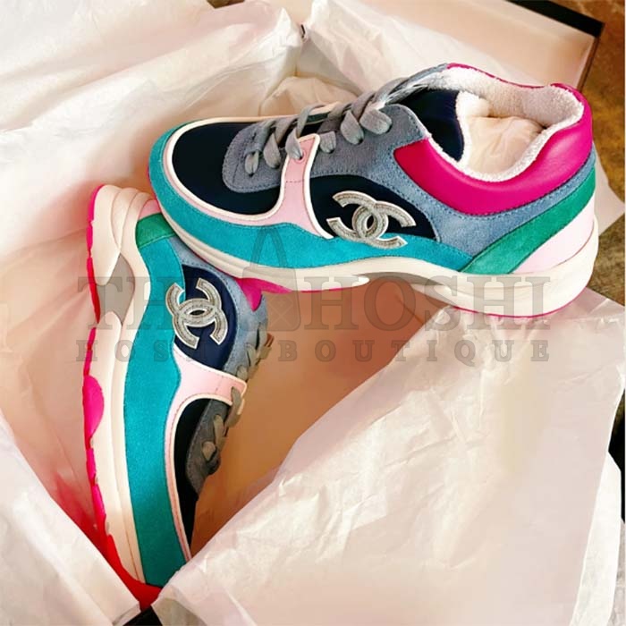 Ch**el Women CC Low Top Logo Sneakers Calfskin Suede Blue Leather Master Quality