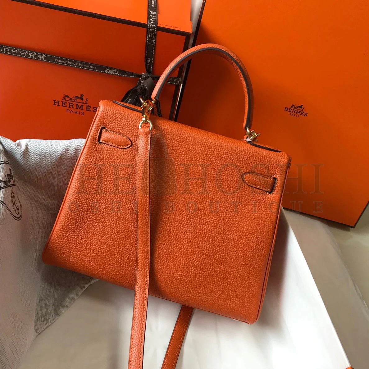 H**me5 Kelly 25cm Retourne Bag in Orange Clemence Leather GHW Master Quality