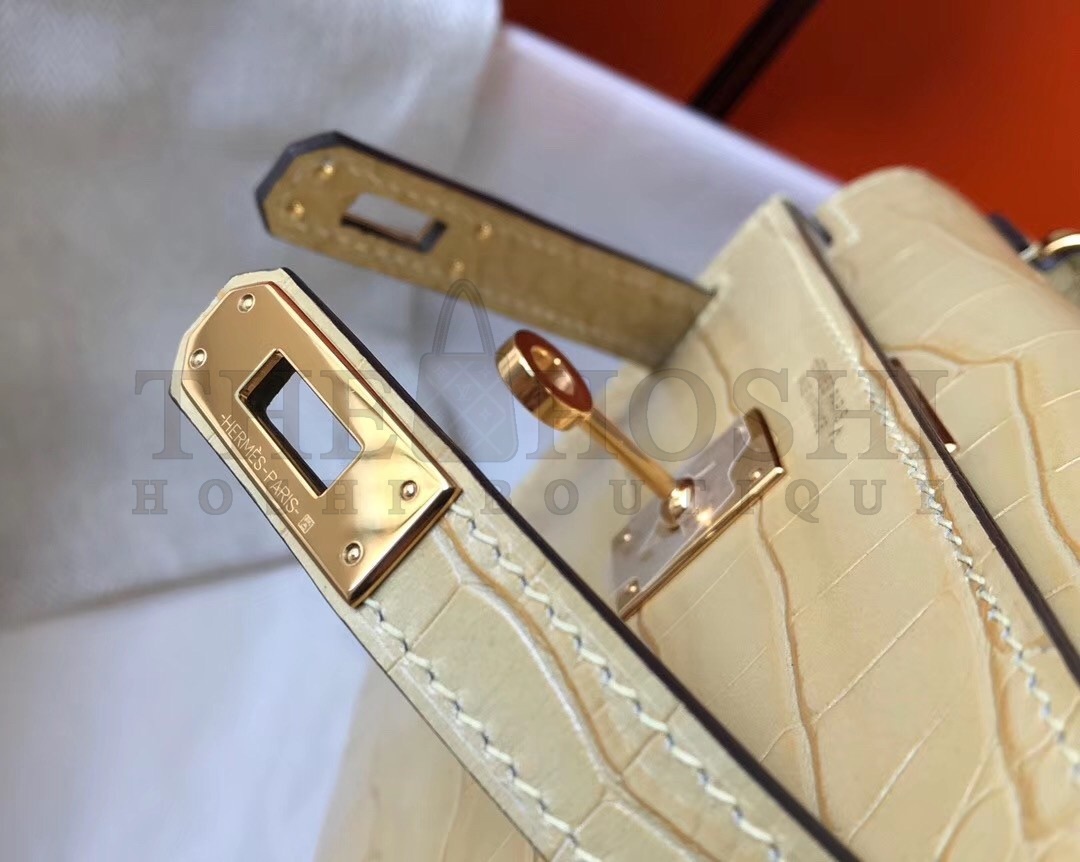 H**me5 Kelly Mini II Bag In Vanille Crocodile Embossed Leather Master Quality