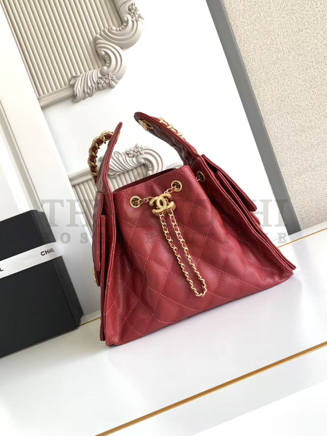 Ch**el 25C AS5293 Hobo Drawstring Bag Red Caviar Leather with Gold Chain 30x26x14cm Master Quality