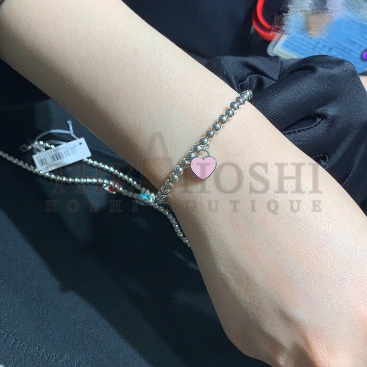 T*f*ny  T*f*ny& CO. Pink Heart Tag Bead Bracelet in Silver, 4 mm Master Quality