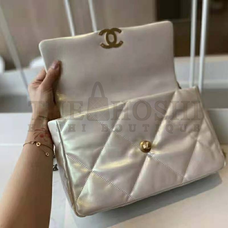 Ch**el Women 19 Large Flap Bag Iridescent Calfskin Gold Silver-Tone &amp; Ruthenium-Finish Metal White Master Quality