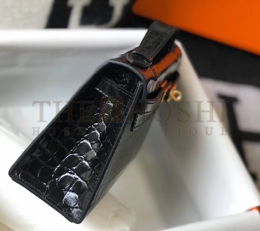 H**me5 Kelly Pochette Bag In Black Embossed Crocodile Leather Master Quality