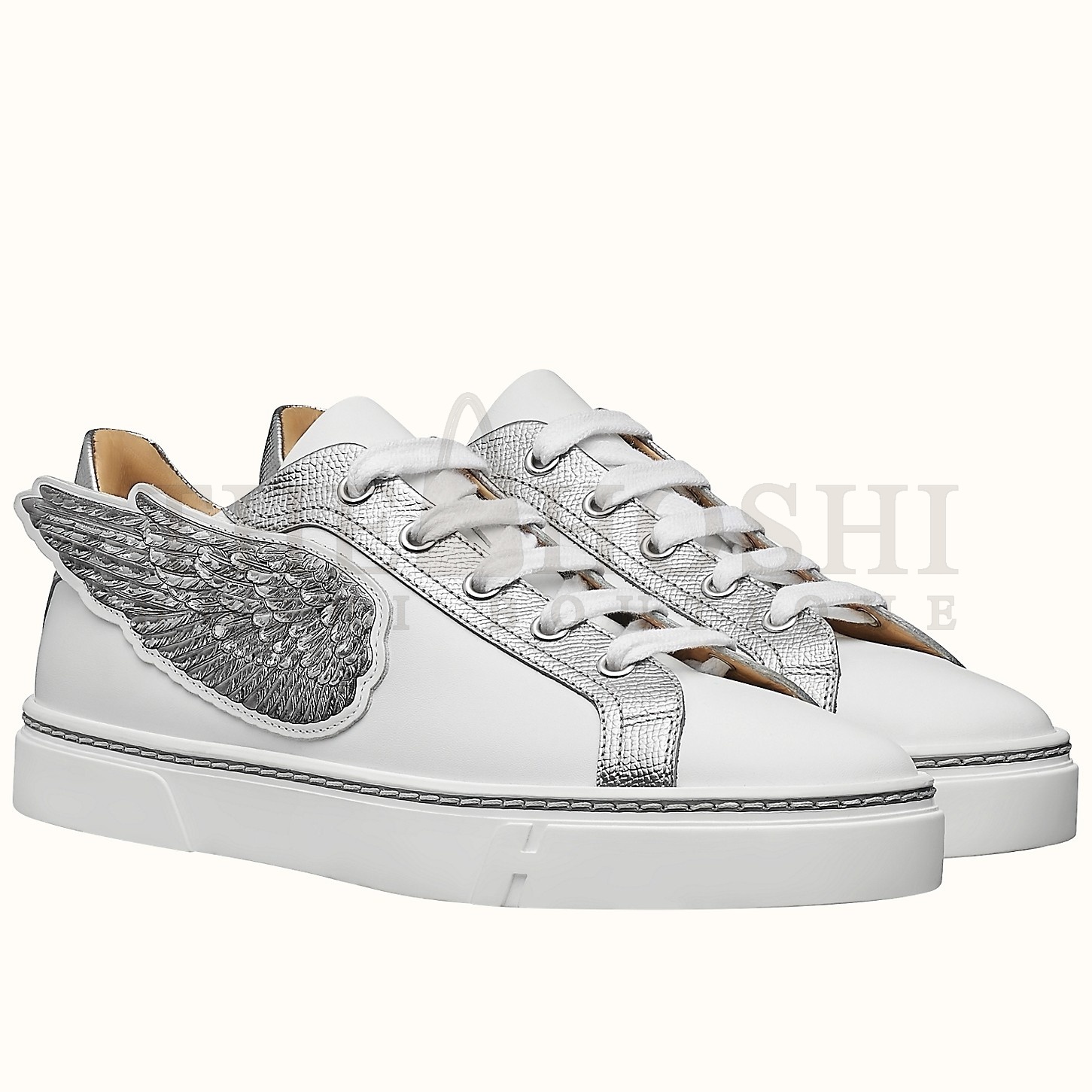 H**me5 Velvet Sneakers In Blanc Calfskin With Printed Wing Patch Master Quality