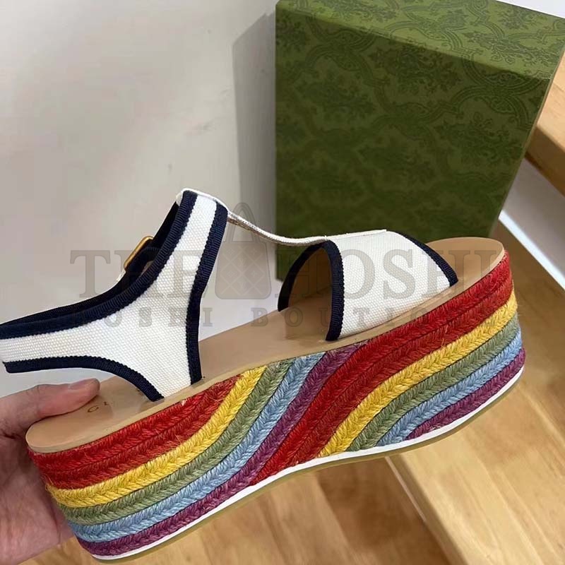 Gvc*1 Women G2 Platform Sandals White Cotton Double G Embroidery 7 Cm Heel Master Quality