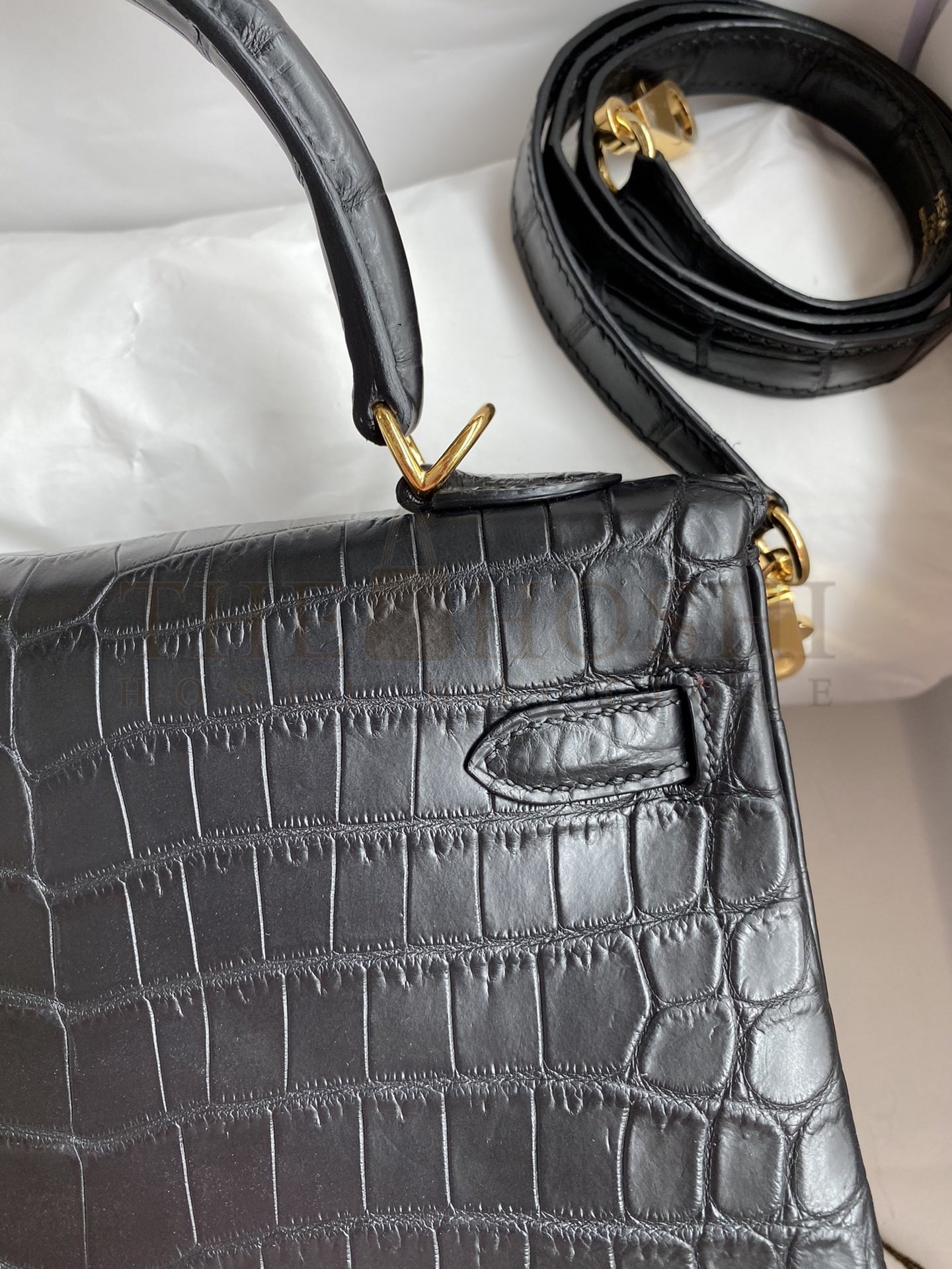 H**me5 Kelly Sellier 25 Handmade Bag In Black Crocodile Niloticus Matte Skin Master Quality