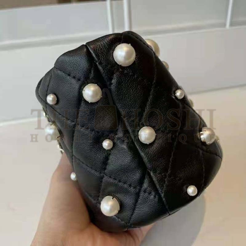 Ch**el Women Mini Drawstring Bag Lambskin Imitation Pearls &amp; Gold-Tone Metal Black Master Quality