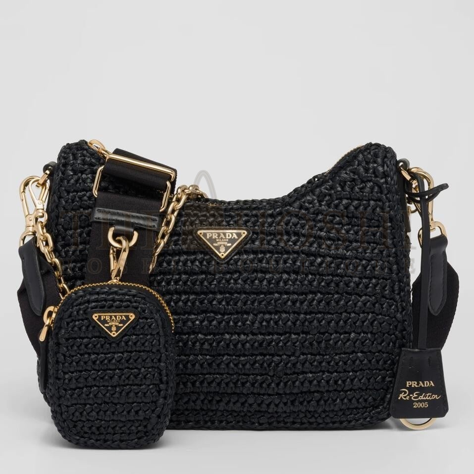 Pra*a Re-Edition 2005 Shoulder Bag In Black Raffia Master Quality