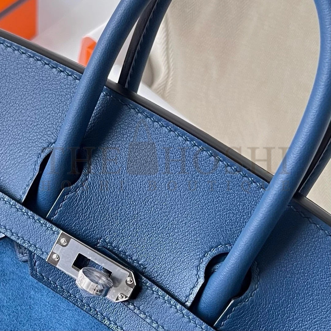 H**me5 Birkin 25 Grizzly Bag in Blue Veau Doblis and Swift Leather Master Quality