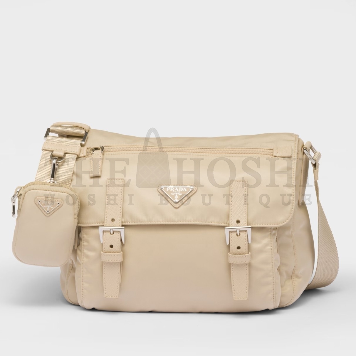 Pra*a Shoulder Bag with Flap in Beige Re-Nylon Master Quality