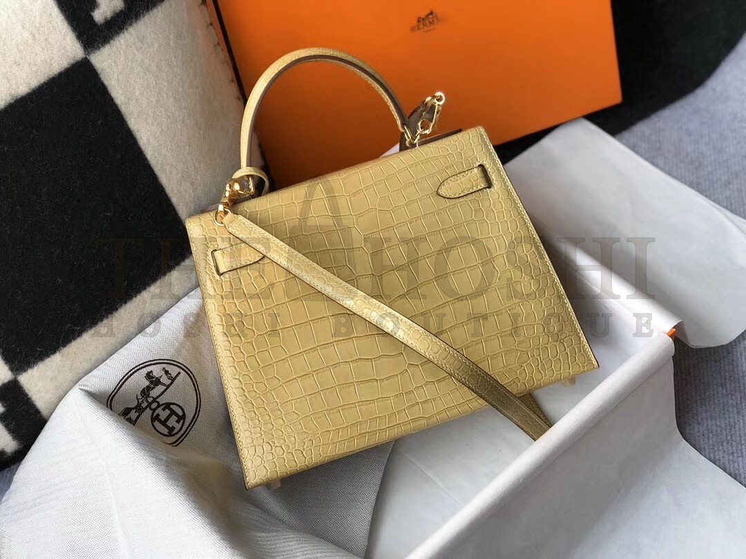H**me5 Kelly 25cm Bag In Jaune Poussin Embossed Crocodile Master Quality