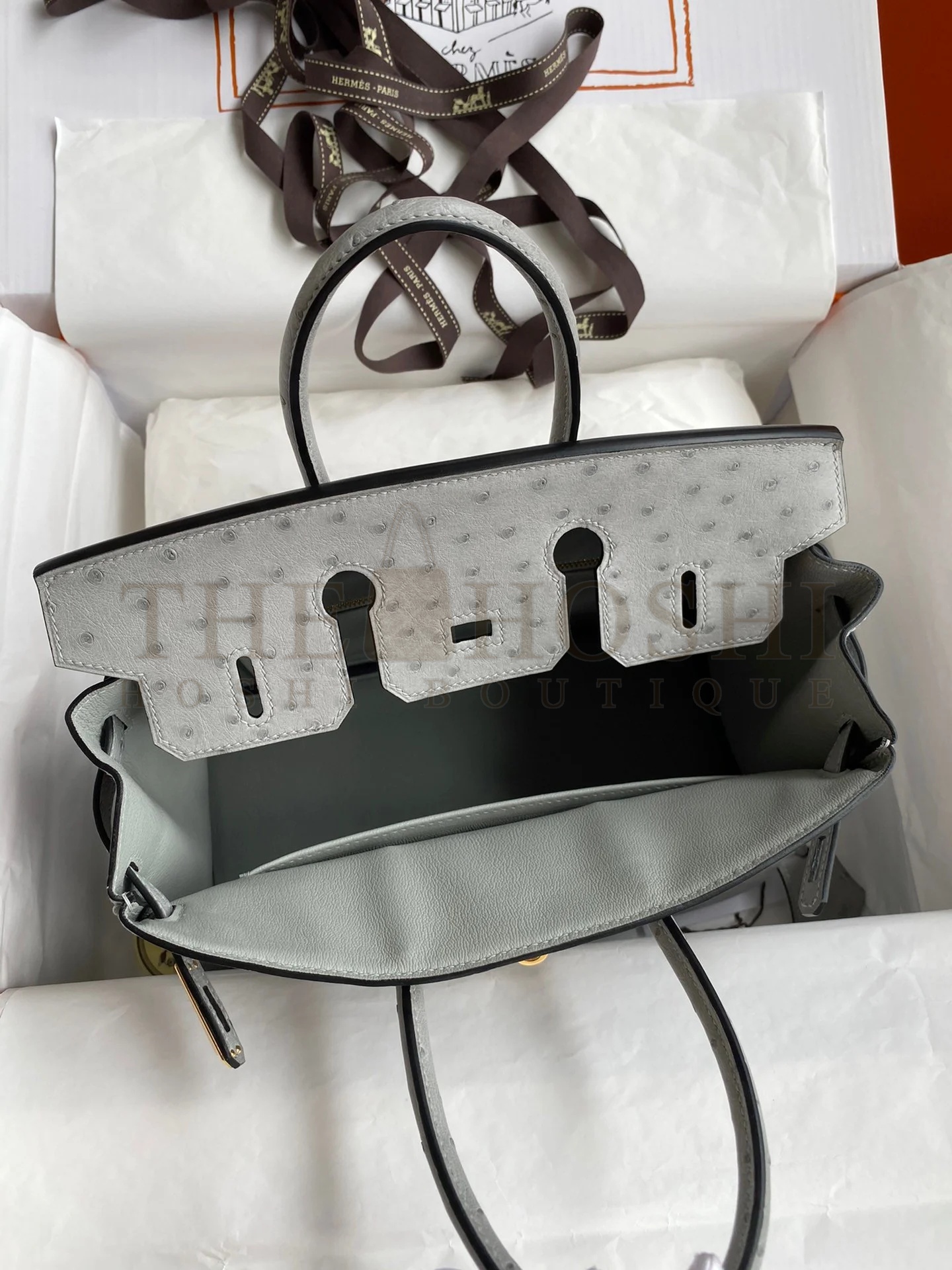 H**me5 Birkin 25 Retourne Handmade Bag In Blue Glacier Ostrich Leather Master Quality