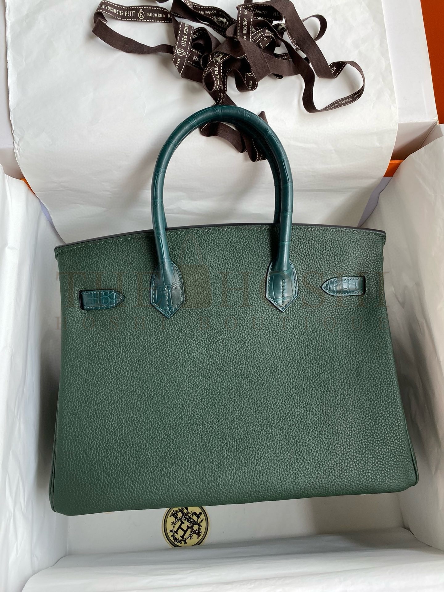 H**me5 Touch Birkin 30 Bag in Green Clemence and Matte Alligator Leather Master Quality