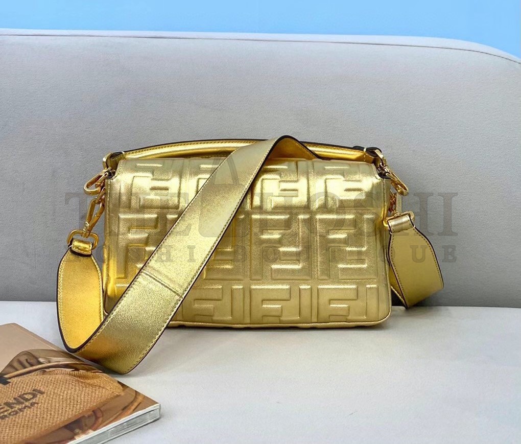 F**di Medium Baguette Bag In Gold FF Metallic Leather Master Quality