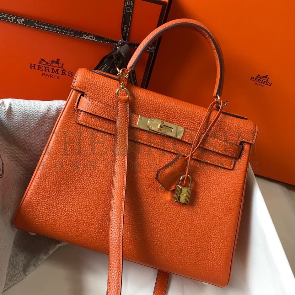 H**me5 Kelly 32cm Retourne Bag in Orange Clemence Leather GHW Master Quality