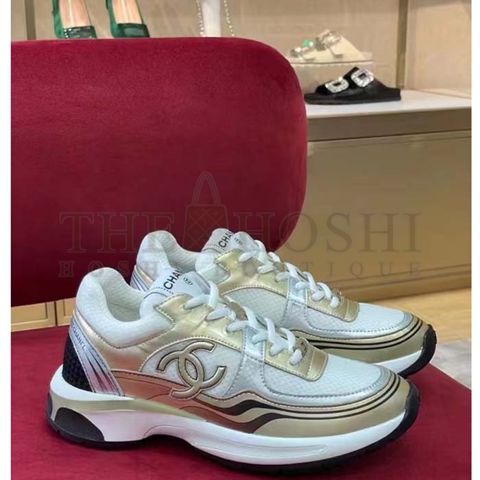 Ch**el trainer shoes Women CC Sneakers Fabric Laminated White Gold Silver Master Quality