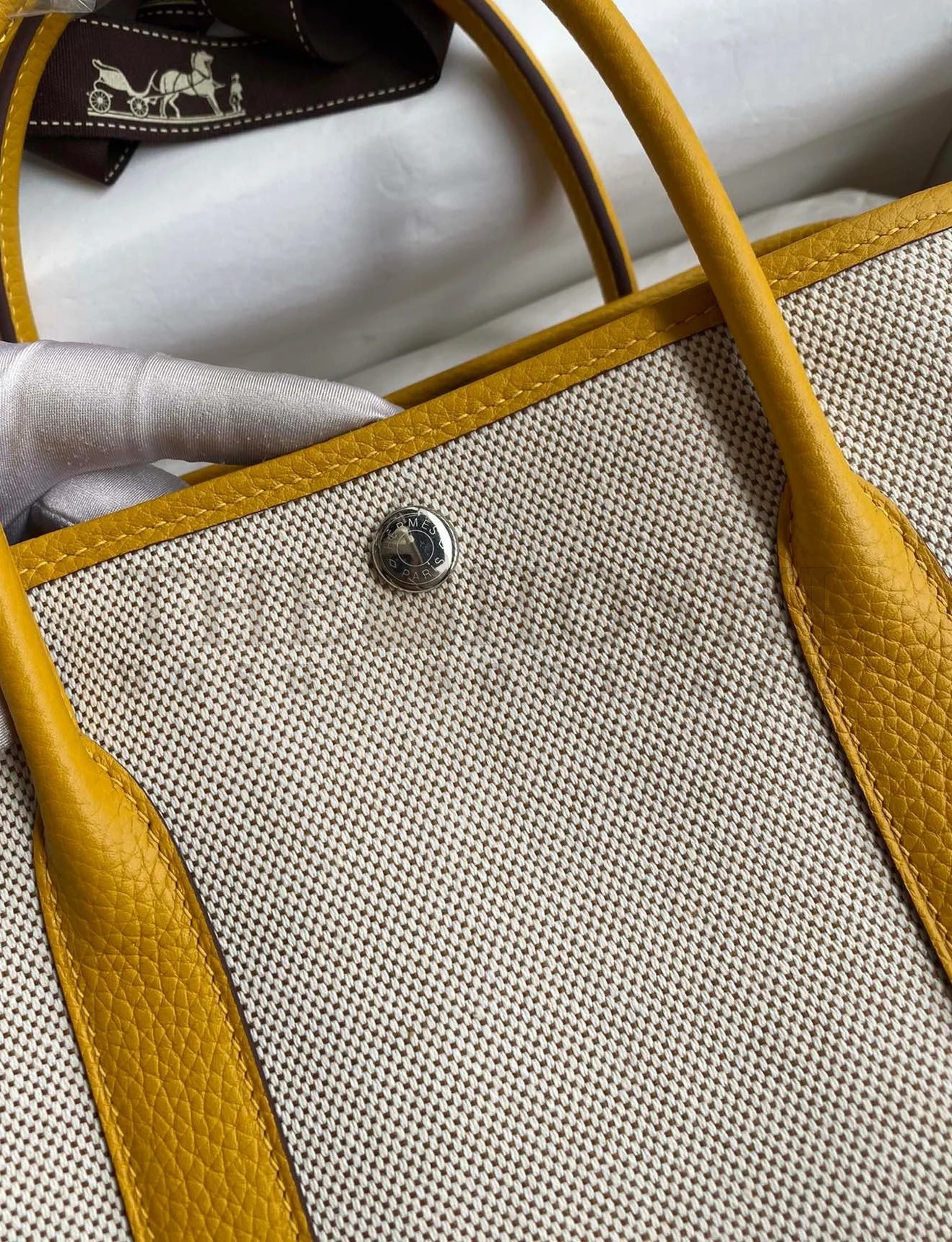 H**me5 Garden Party 30 Handmade Bag in Toile and Yellow Leather Master Quality