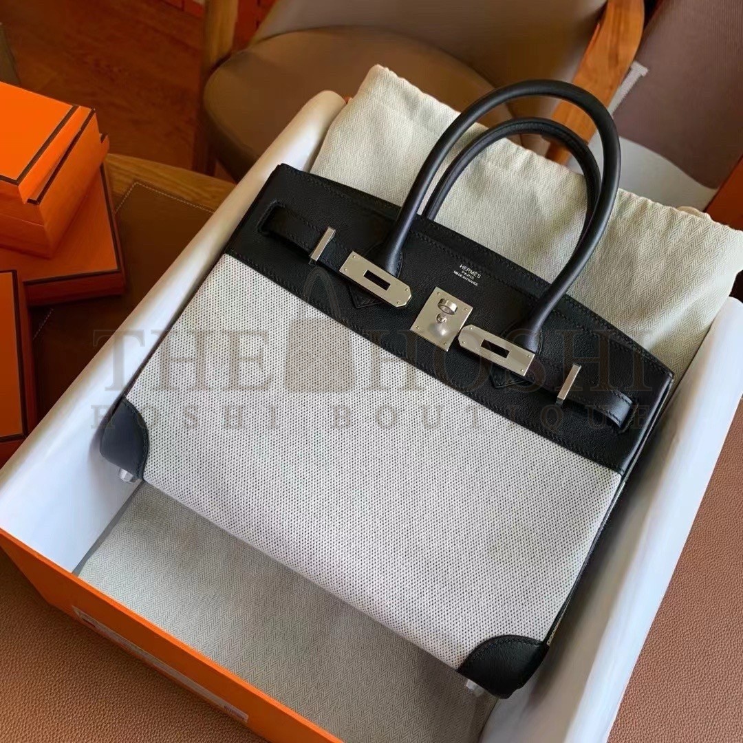 H**me5 Birkin 30 Handmade Bag In Toile &amp; Black Swift Leather Master Quality