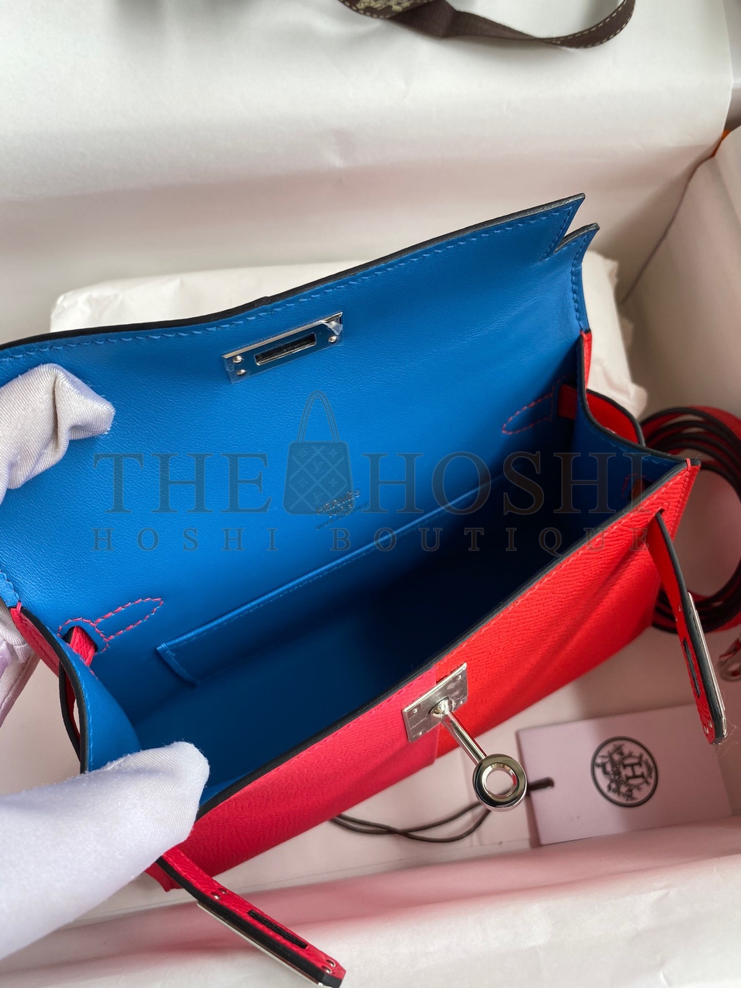 H**me5 Kelly Mini II Sellier Tri-color Bag In Red/Rose Extreme/Blue Epsom Calfskin Master Quality