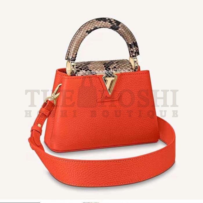 L0vis Vvtt0n LV Women Capucines Mini Handbag Orange Taurillon Leather Python Skin Master Quality
