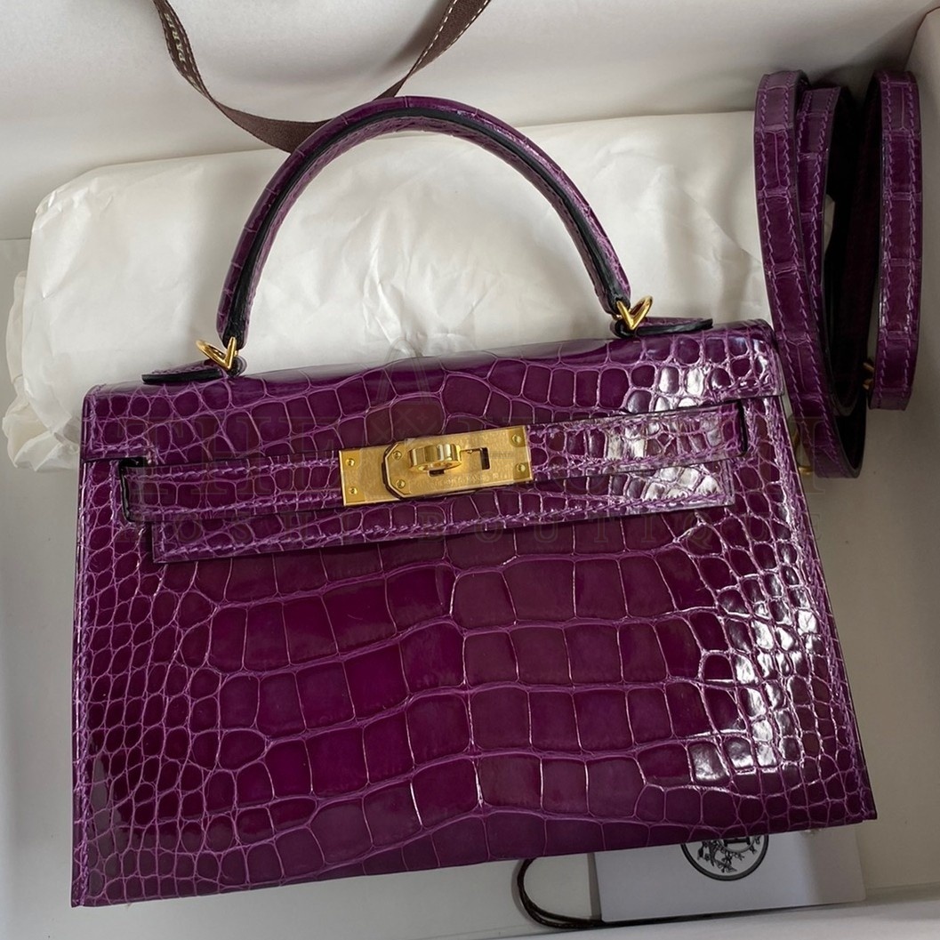 H**me5 Kelly Mini II Sellier Handmade Bag In Purple Shiny Alligator Leather Master Quality