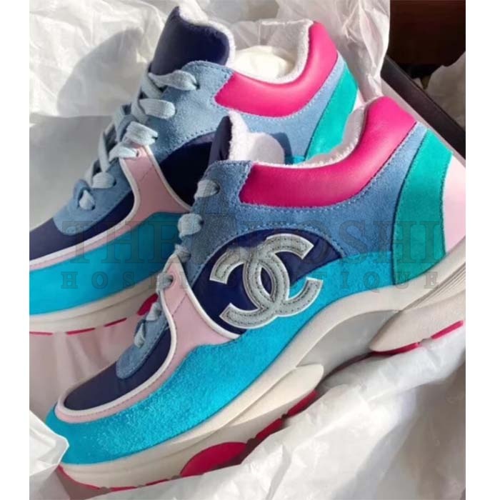 Ch**el Women CC Low Top Logo Sneakers Calfskin Suede Blue Leather Master Quality