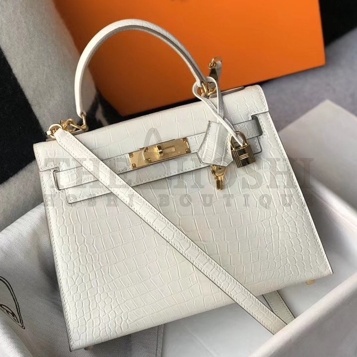 H**me5 Kelly 28cm Bag In White Embossed Crocodile GHW Master Quality