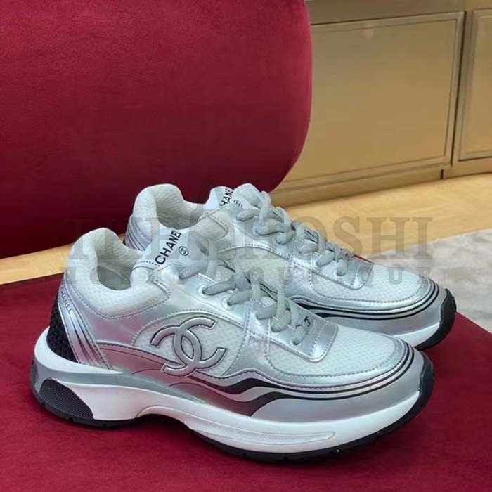 Ch**el trainer shoes Women CC Sneakers Fabric Laminated White Silver Master Quality