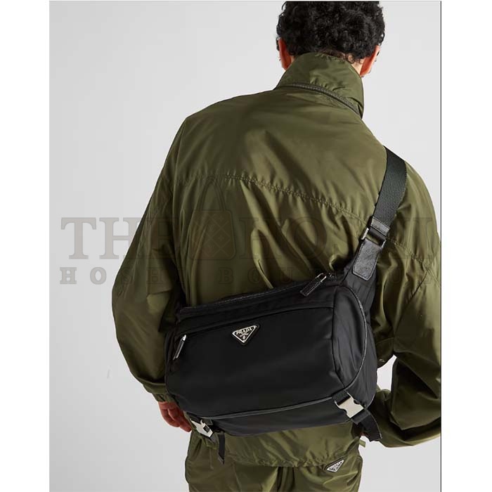 Pra*a Unisex Re-Nylon Saffiano Leather Shoulder Bag Black Fabric Flap Closure Master Quality