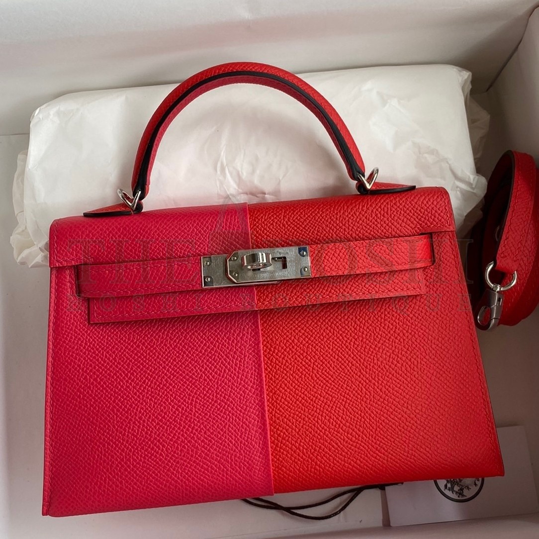 H**me5 Kelly Mini II Sellier Tri-color Bag In Red/Rose Extreme/Blue Epsom Calfskin Master Quality