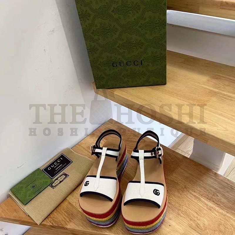 Gvc*1 Women G2 Platform Sandals White Cotton Double G Embroidery 7 Cm Heel Master Quality