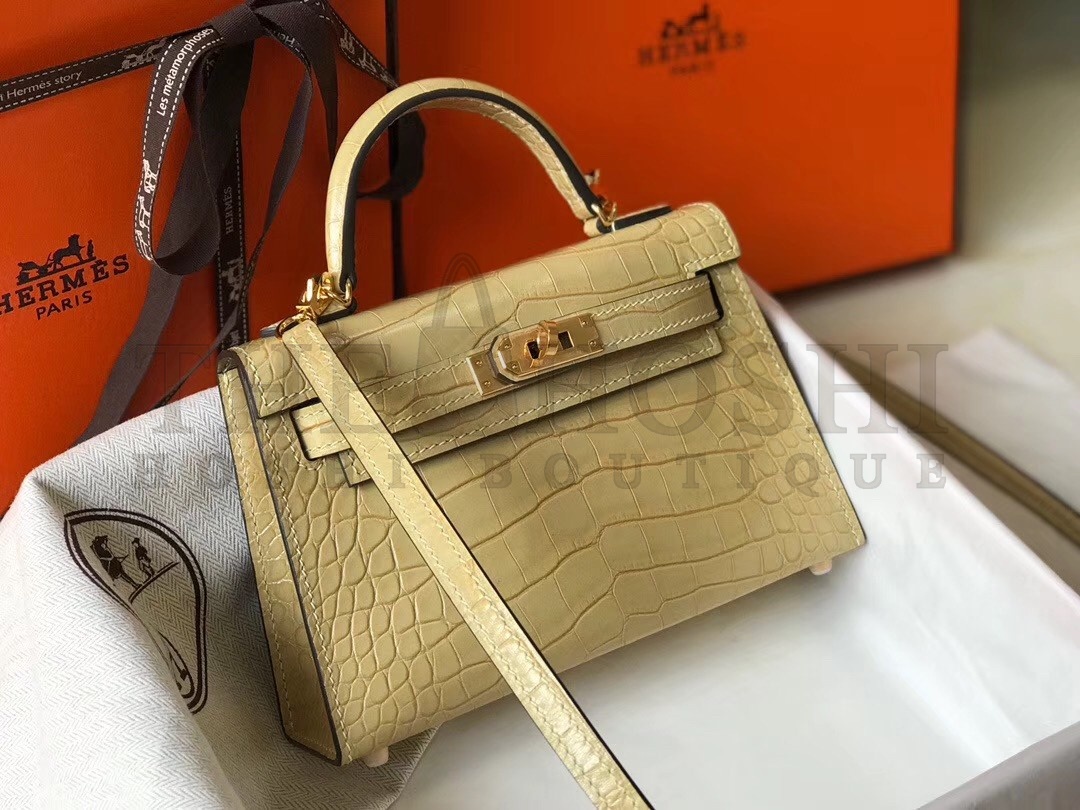 H**me5 Kelly Mini II Bag In Vanille Crocodile Embossed Leather Master Quality