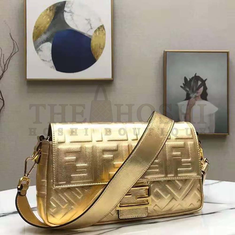 F**di Women Baguette F**di Prints On Leather Bag-Gold Master Quality