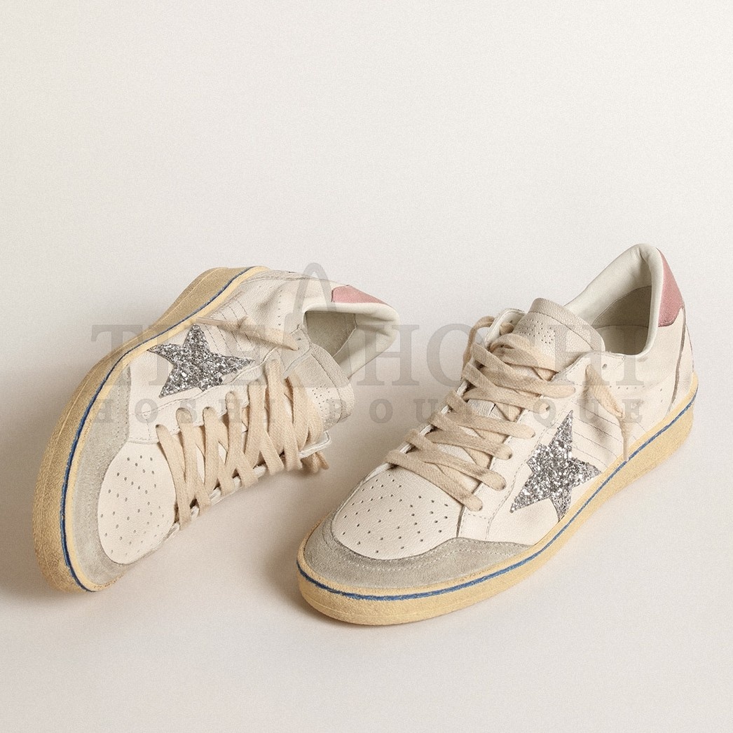 Golden Goose Women's Ball Star Sneakers with Silver Glitter Star and Pink Suede Heel Tab Master Quality