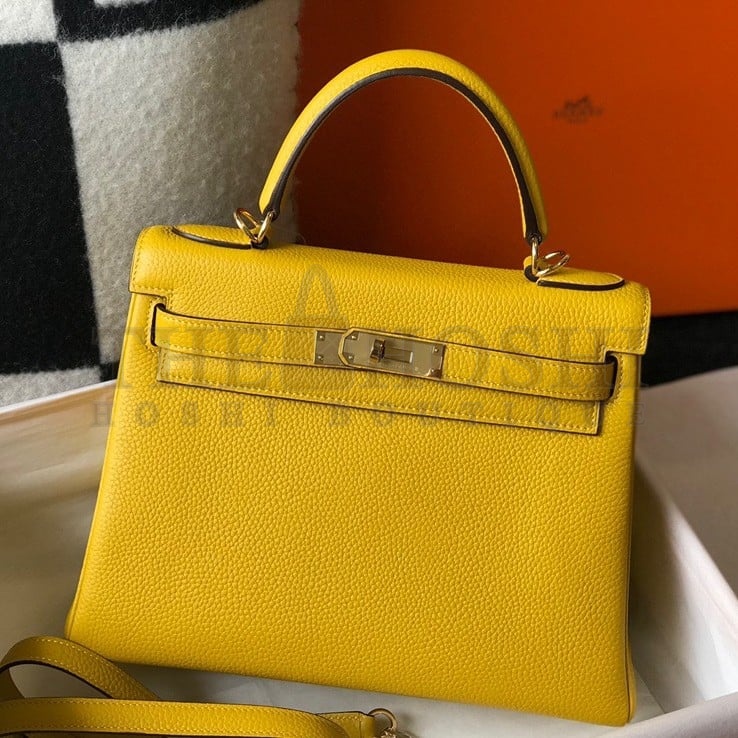 H**me5 Kelly 25cm Retourne Bag in Jaune Ambre Clemence Leather GHW Master Quality