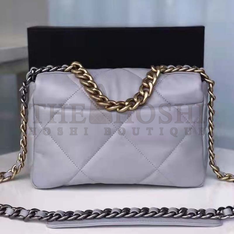 Ch**el Women 19 Flap Bag Lambskin Iridescent Gold Silver-Tone Metal Grey Master Quality