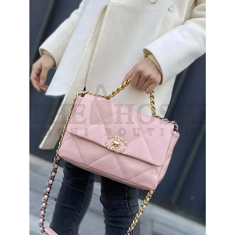 Ch**el Women Ch**el 19 Flap Bag Lambskin Gold Silver-Tone Ruthenium-Finish Metal Light Pink Master Quality