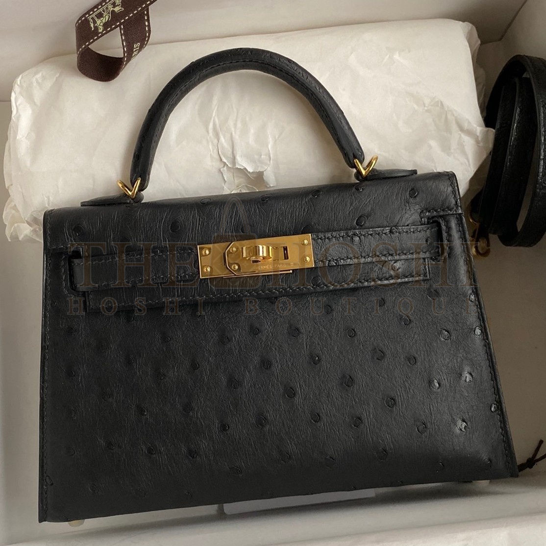 H**me5 Kelly Mini II Sellier Handmade Bag In Black Ostrich Leather Master Quality